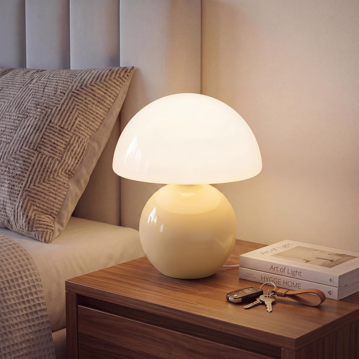 Dawnwake mushroom lamp with cream shade provides cozy ambient lighting.
