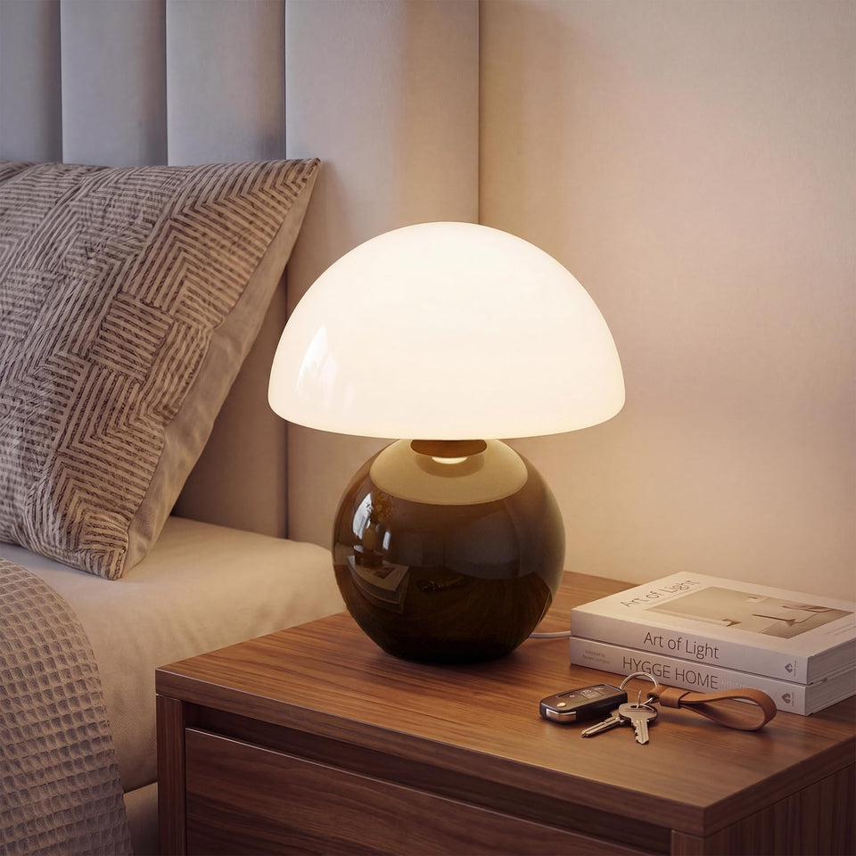 Dawnwake mushroom lamp with glass shade adds cozy bedside ambience