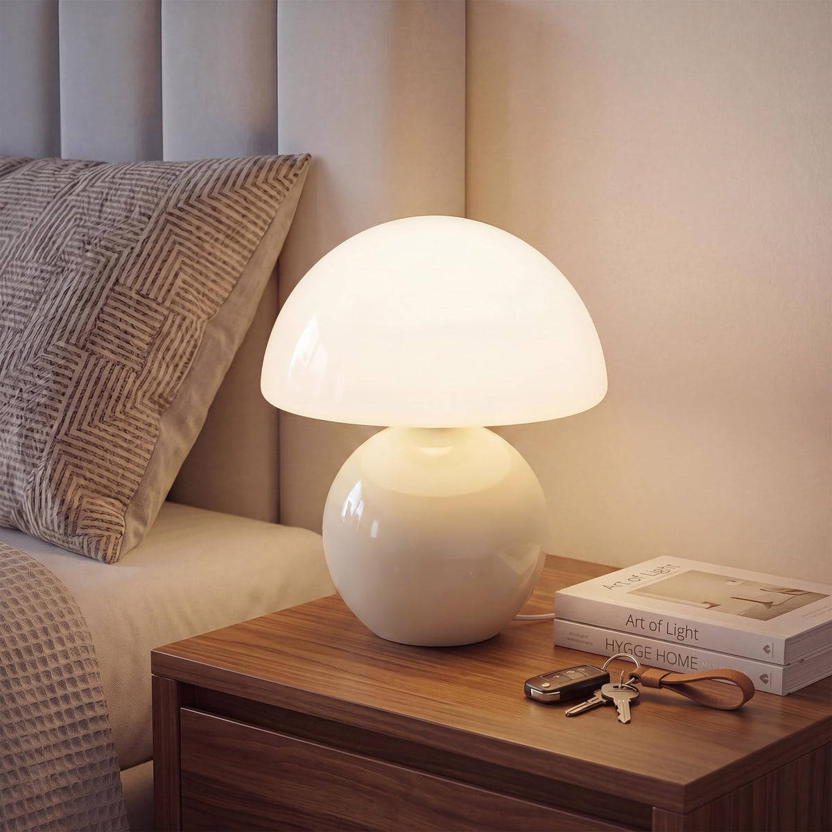 Dawnwake mushroom lamp with glass shade for warm bedside ambience