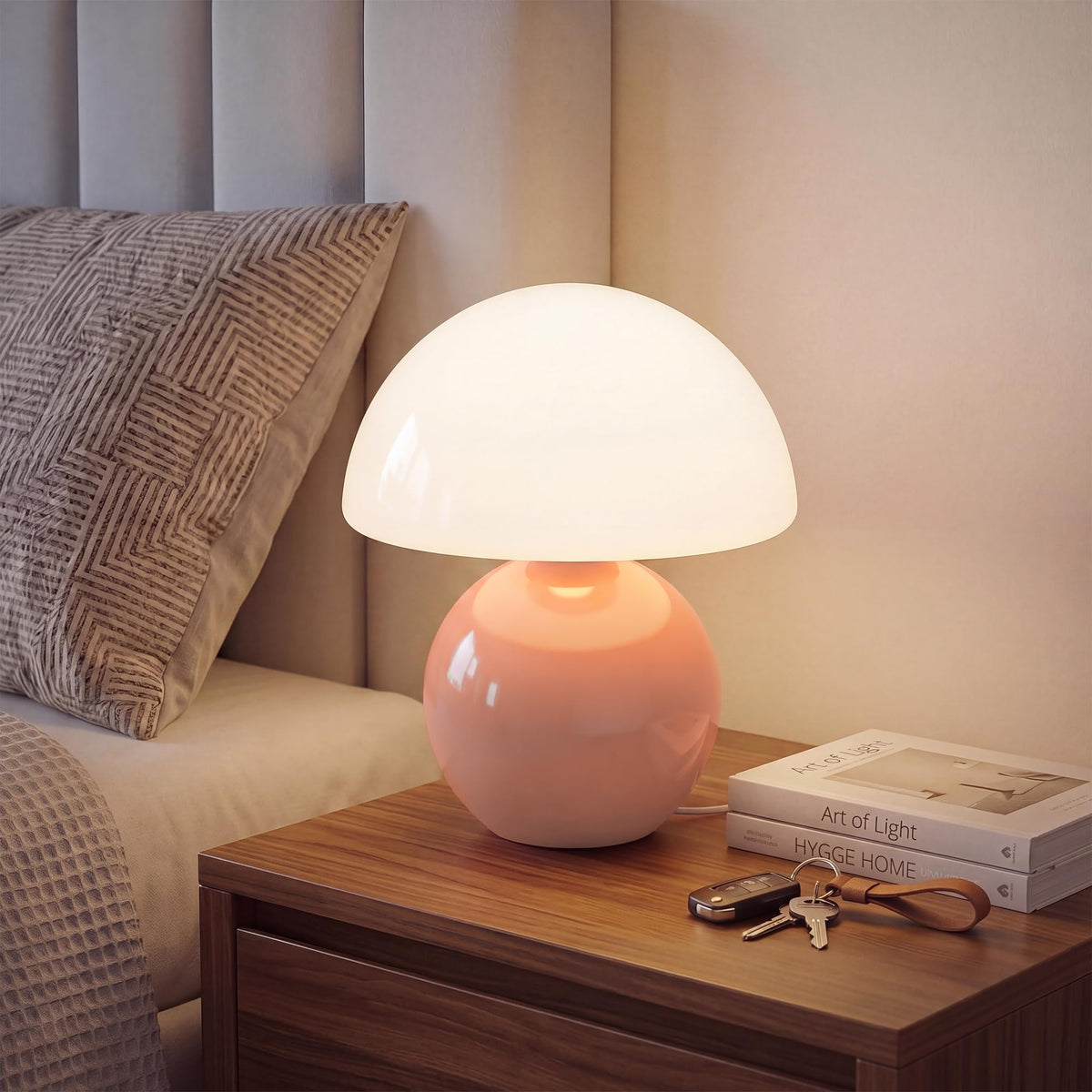 Dawnwake mushroom lamp shade glows with soft ambient lighting for a cozy bedroom.
