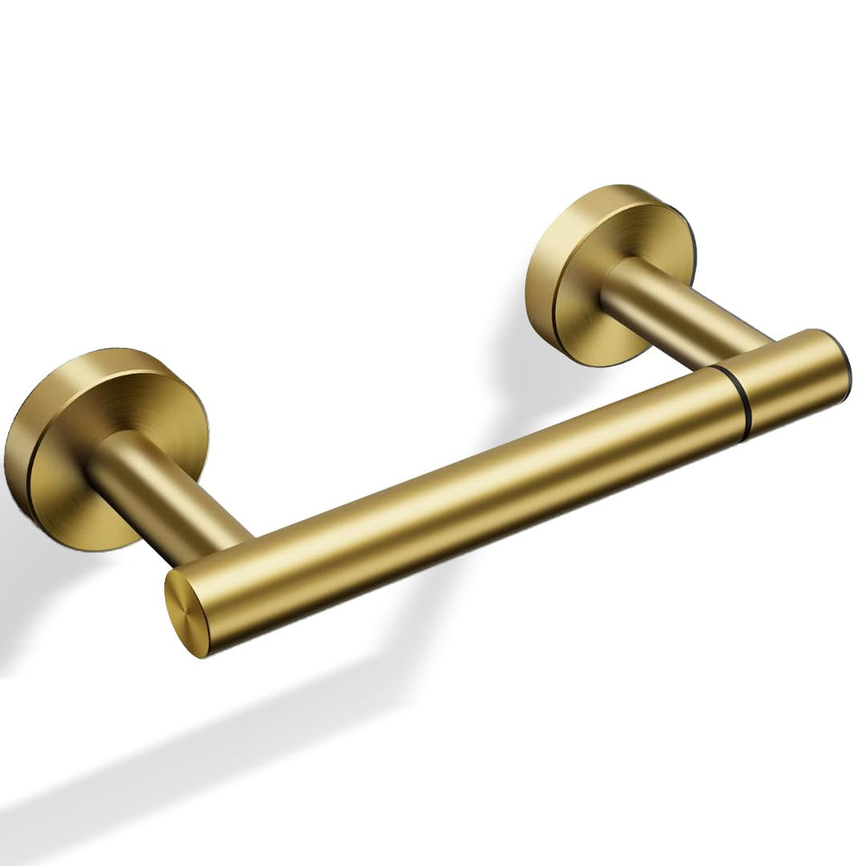 Day Moon Designs gold wall-mounted toilet paper holder, rust resistant.