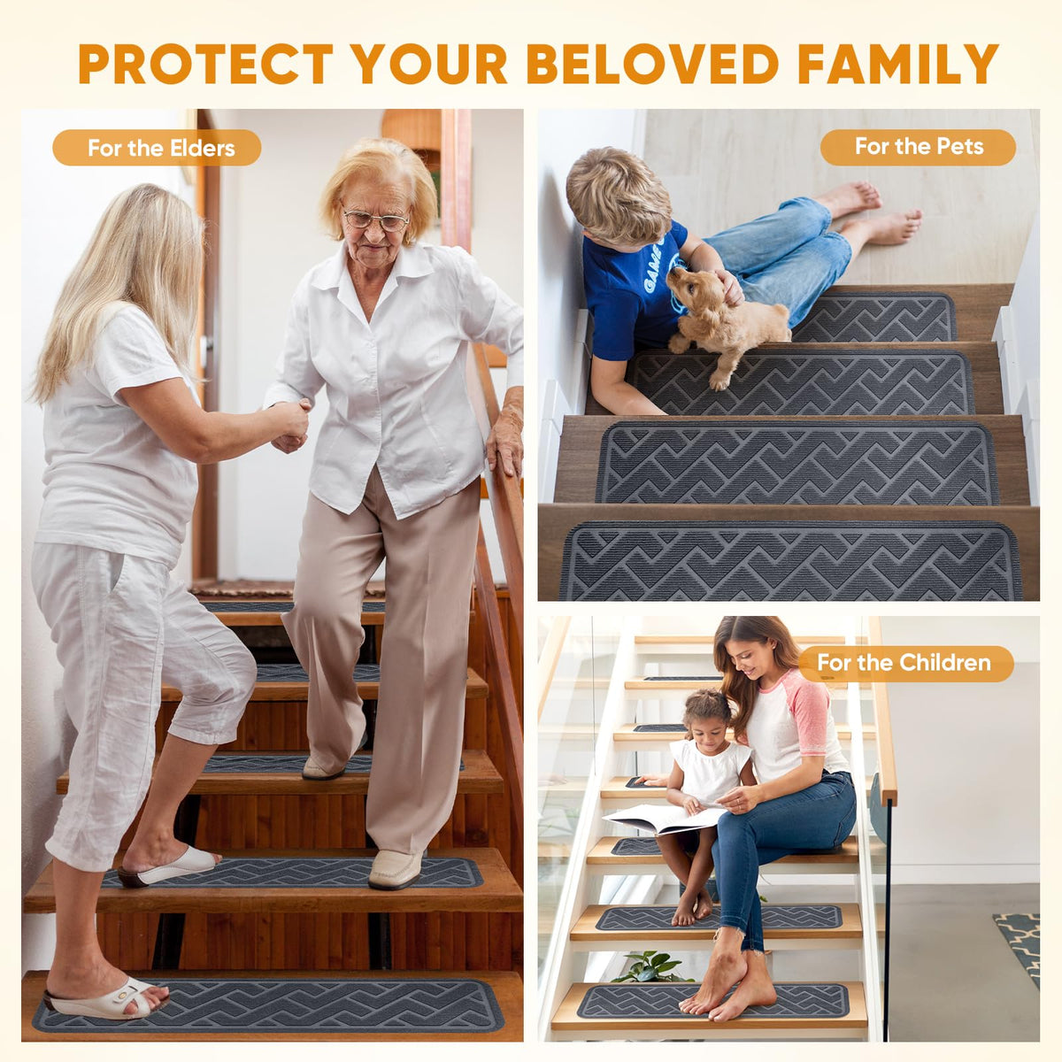 Dayacoco anti-skid gray treads fit indoor stairs for safety.