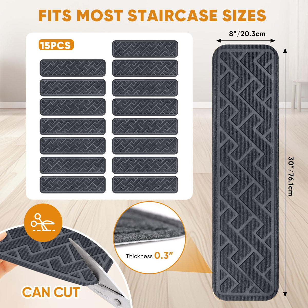 Dayacoco stair treads with non-slip backing in gray improve grip on smooth stairs.