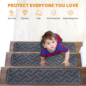 Dayacoco soft-surface gray treads offer quieter, comfortable stair use.