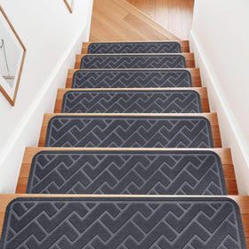 Dayacoco stair treads on wooden steps in gray provide soft, comfortable footing.