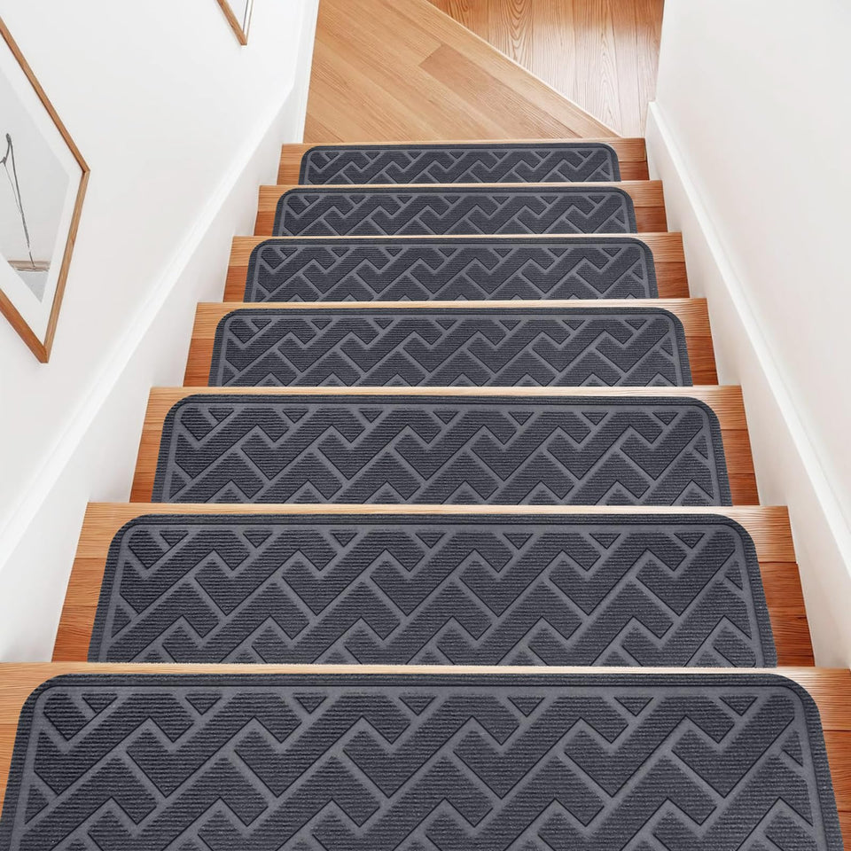 Dayacoco stair treads on wooden steps in gray provide soft, comfortable footing.