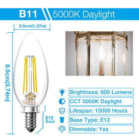 DAYBETTER 60W-equivalent LED chandelier bulb with clean light and 5-5W 600 lm output.