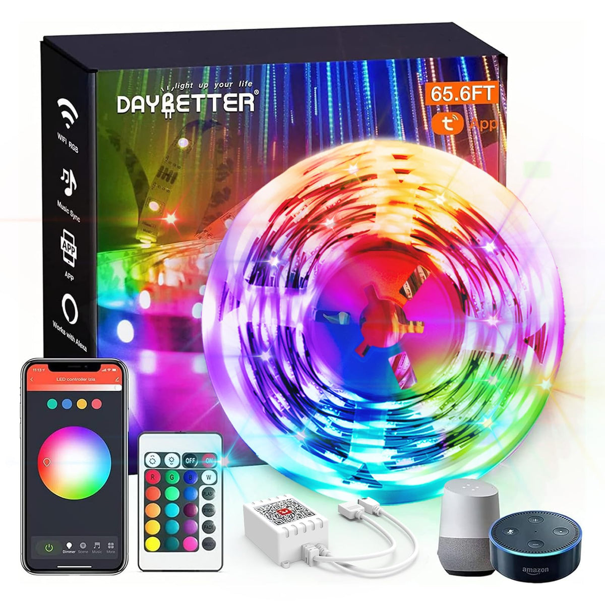 DAYBETTER 65ft LED strip for ambient bedroom lighting and mood enhancement.