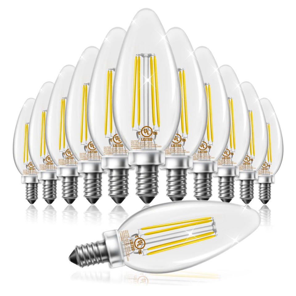 DAYBETTER dimmable E12 candle bulb with torpedo clear-glass filament for chandeliers.
