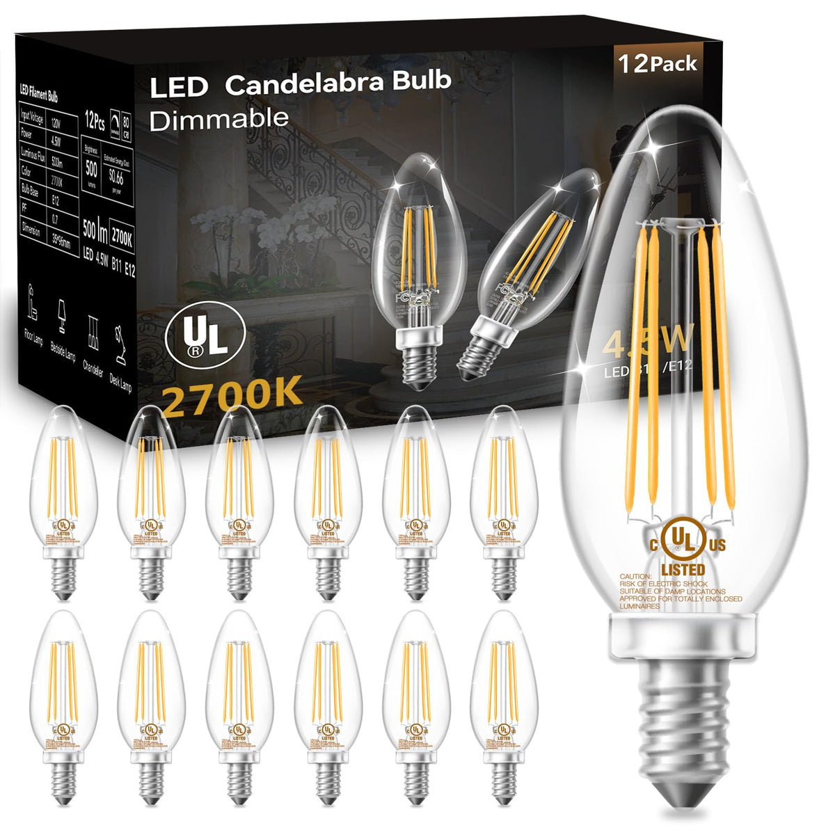 DAYBETTER E12 dimmable candle bulbs pack for chandeliers, energy-saving lighting.