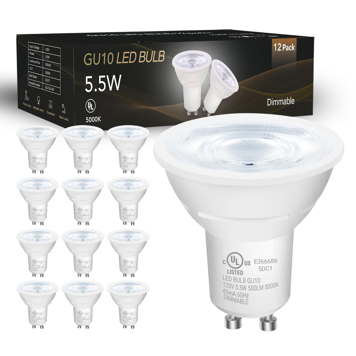 DAYBETTER GU10 LED bulbs packaging shows energy efficiency and long-lasting performance for homes.