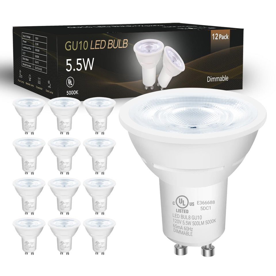 DAYBETTER GU10 LED bulbs packaging shows energy efficiency and long-lasting performance for homes.