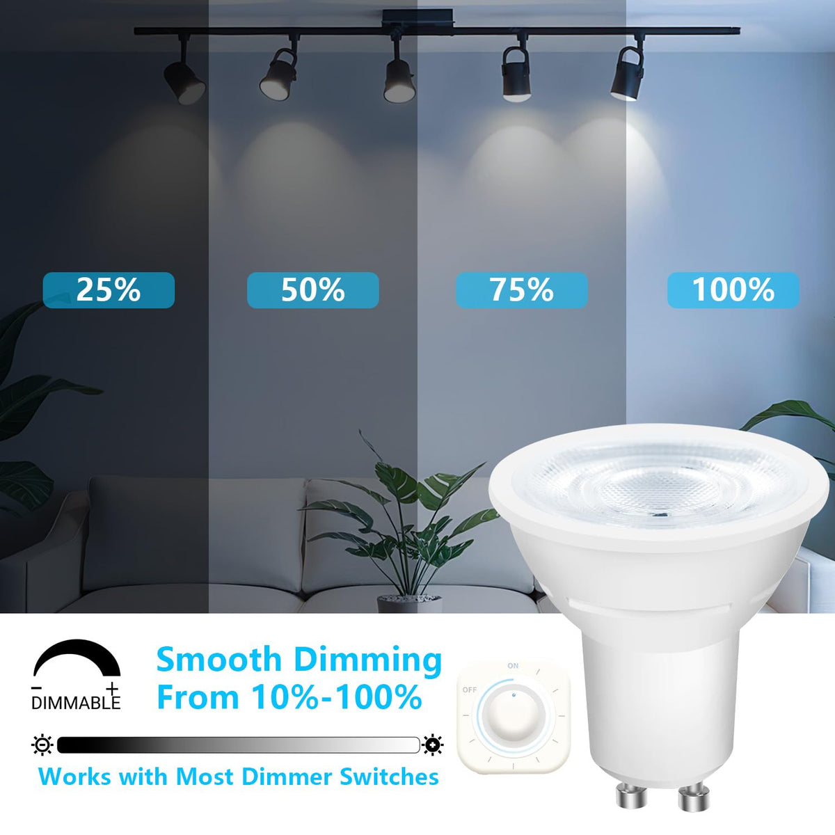 DAYBETTER GU10 LED bulbs installed in track lighting provide easy installation and precise focus.