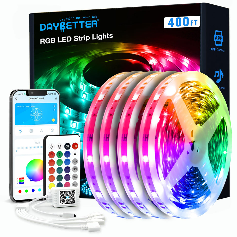 DAYBETTER LED strip lights front-view shows vibrant ambient lighting in any room.