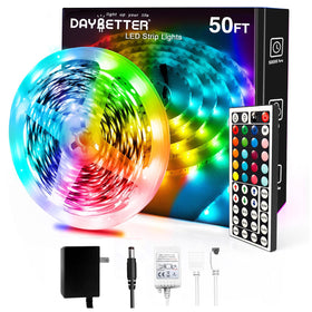 DAYBETTER LED strip lights with strong adhesive for easy 50ft installation and seamless glow.