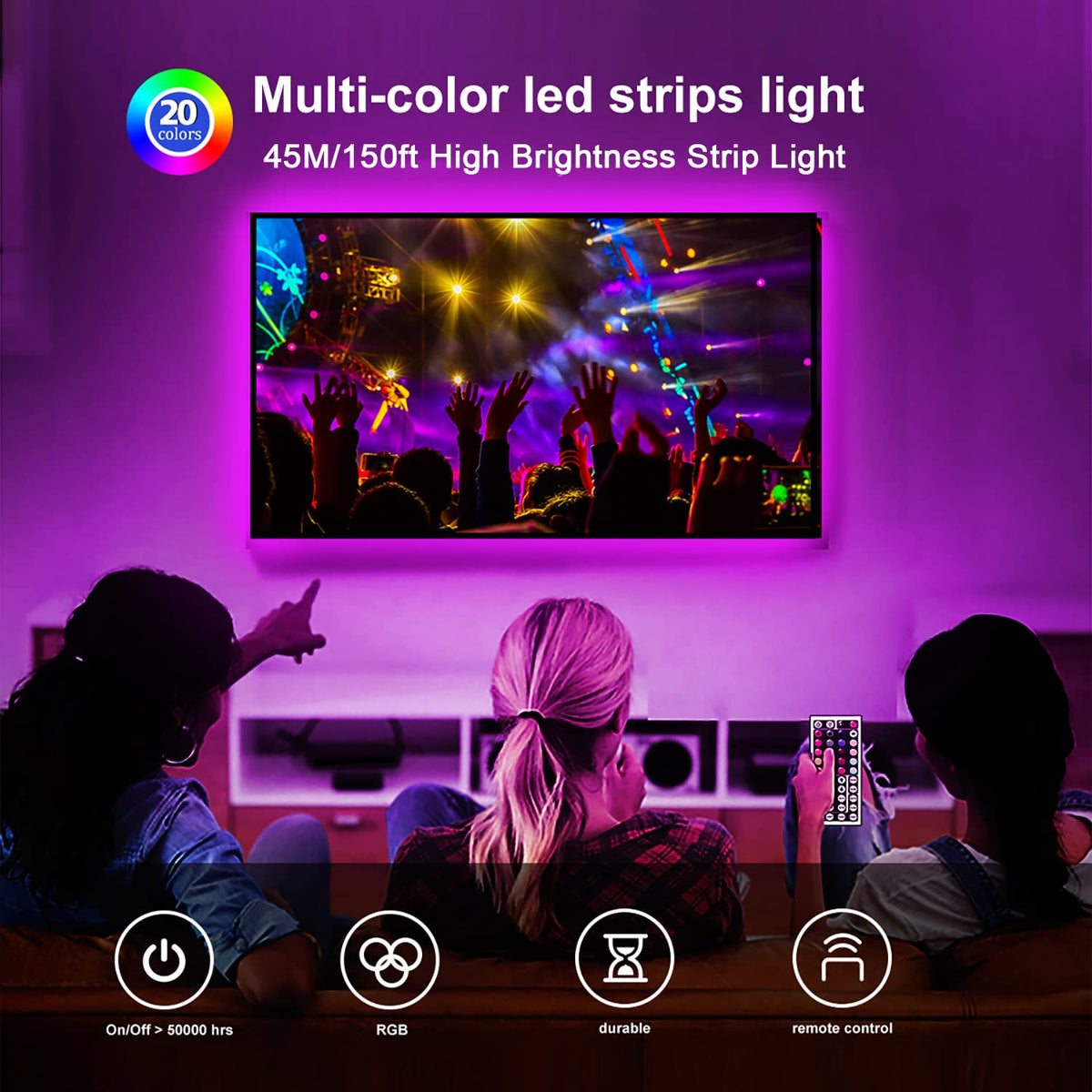 DAYBETTER RGB LED strip with 44-key remote for easy color and brightness control.