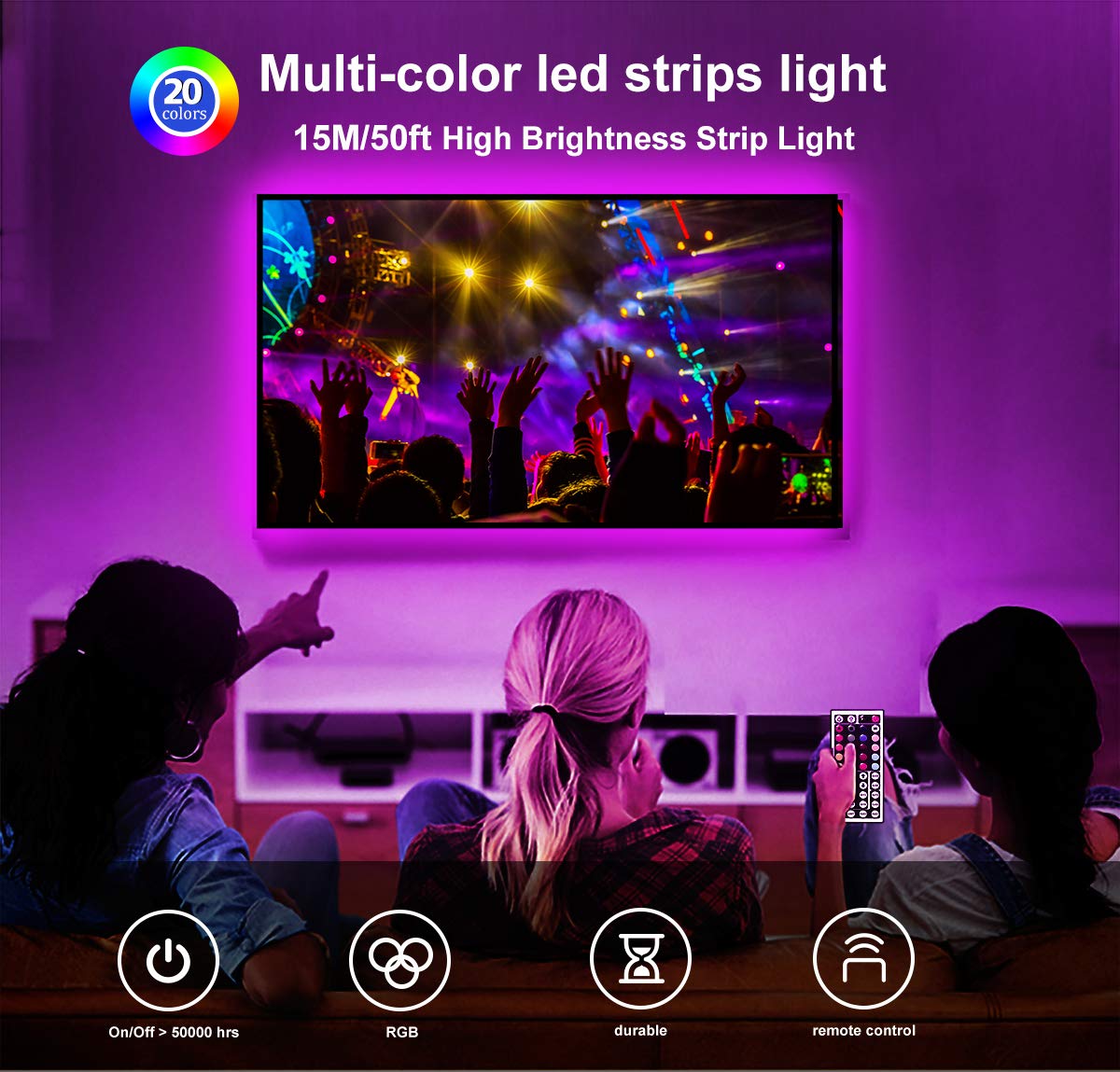 DAYBETTER LED strip with remote control enables quick color changes to set mood.