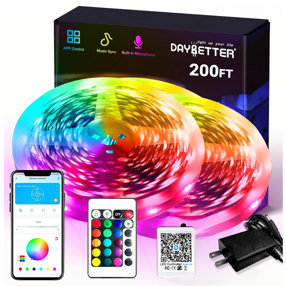DAYBETTER RGB LED strip lights in a bedroom setup for ambient color and easy control.