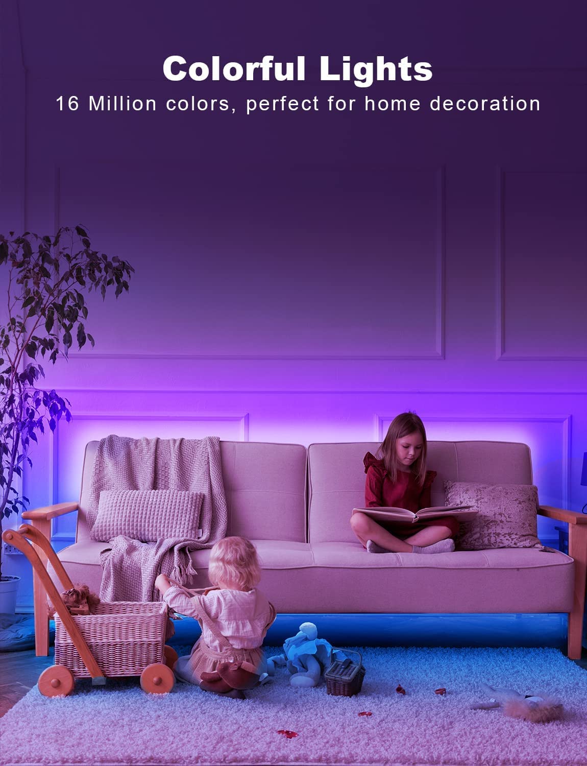 DAYBETTER LED strip with app control for a living room, enabling seamless scene changes.