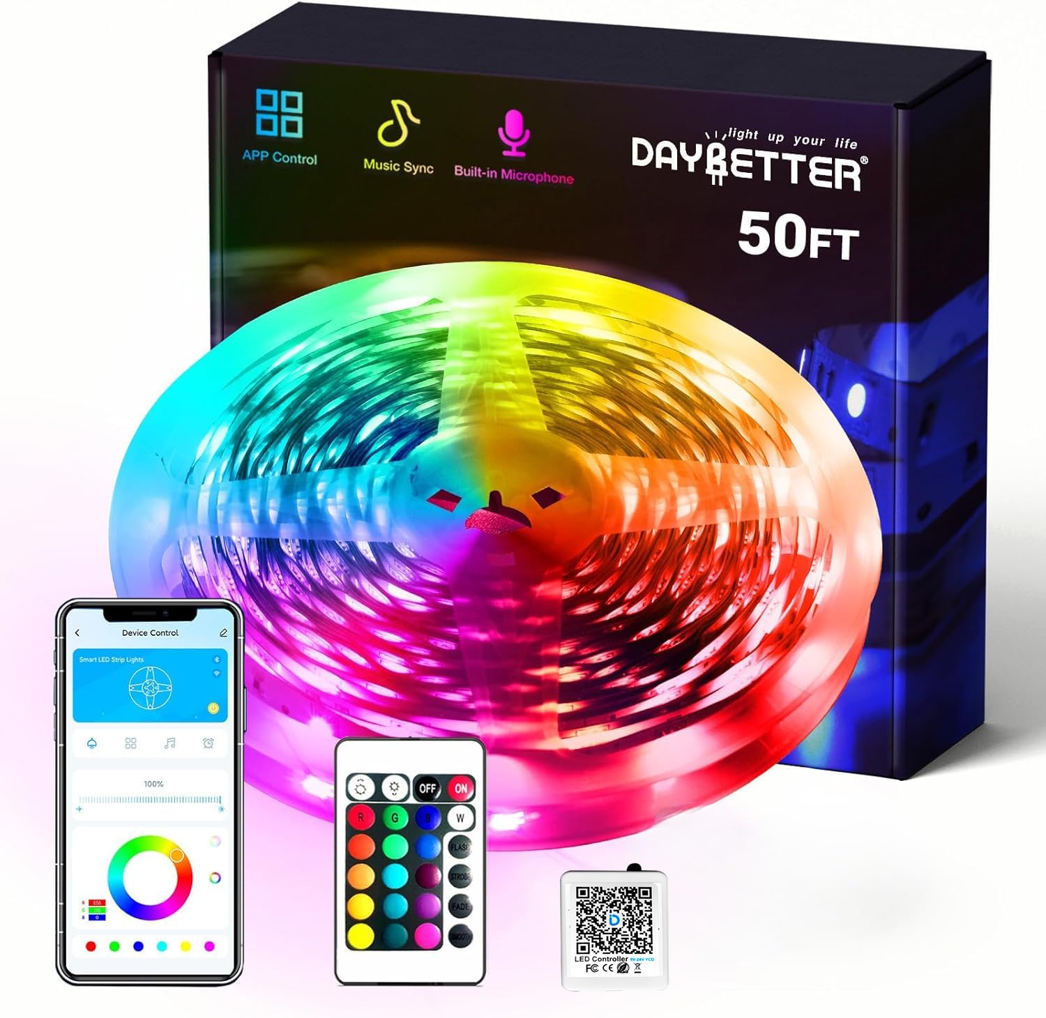 DAYBETTER Smart RGB LED strip lights offer vibrant colors with app control for a cozy bedroom.