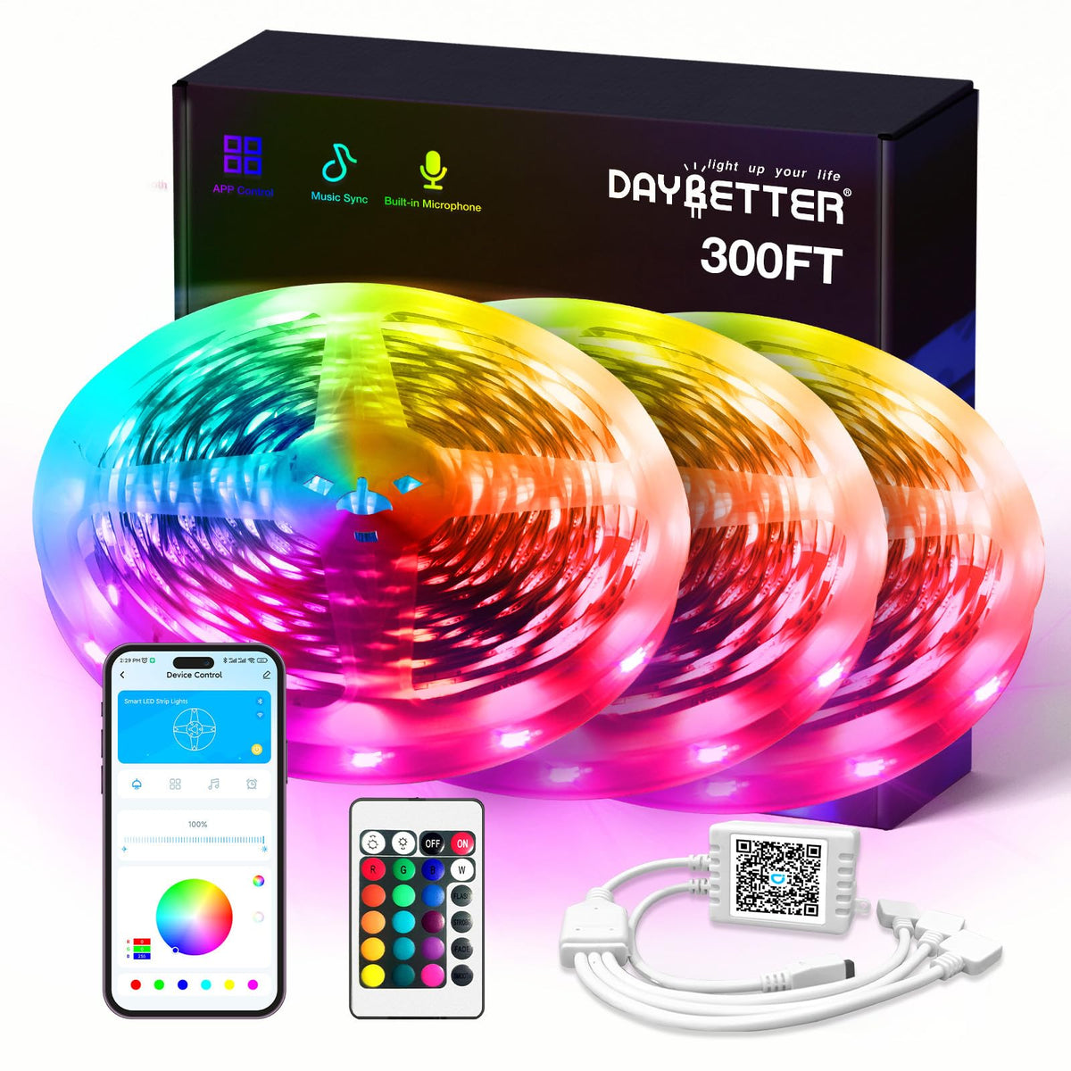 DAYBETTER Smart RGB strip lights brighten the living room with vibrant color options.