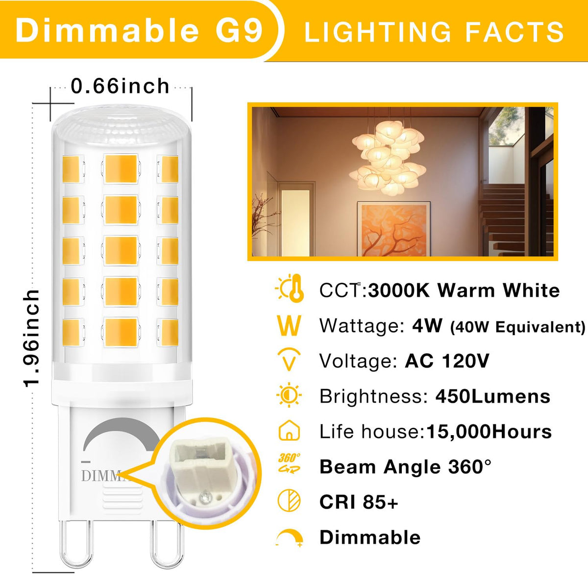 DAYBETTER 3000K soft warm G9 bulb for cozy living spaces.