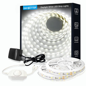 Daybetter white LED strip lights, 40 ft setup, bright illumination for rooms and cabinets.