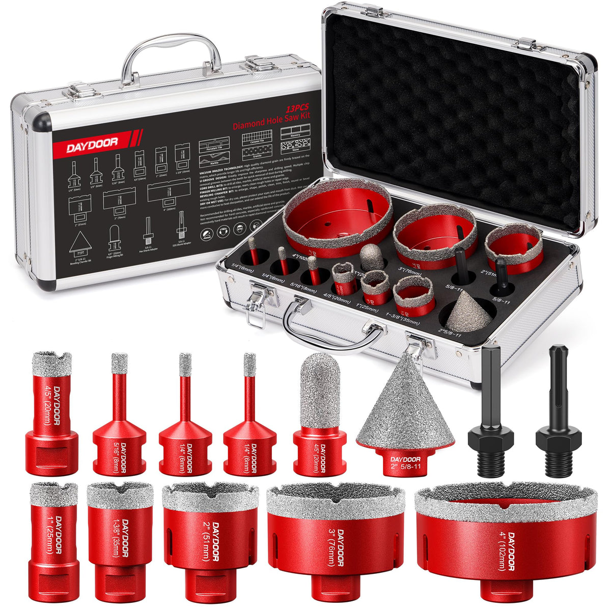 DAYDOOR Diamond Hole Saw Kit case open shows organized, ready-to-use tools