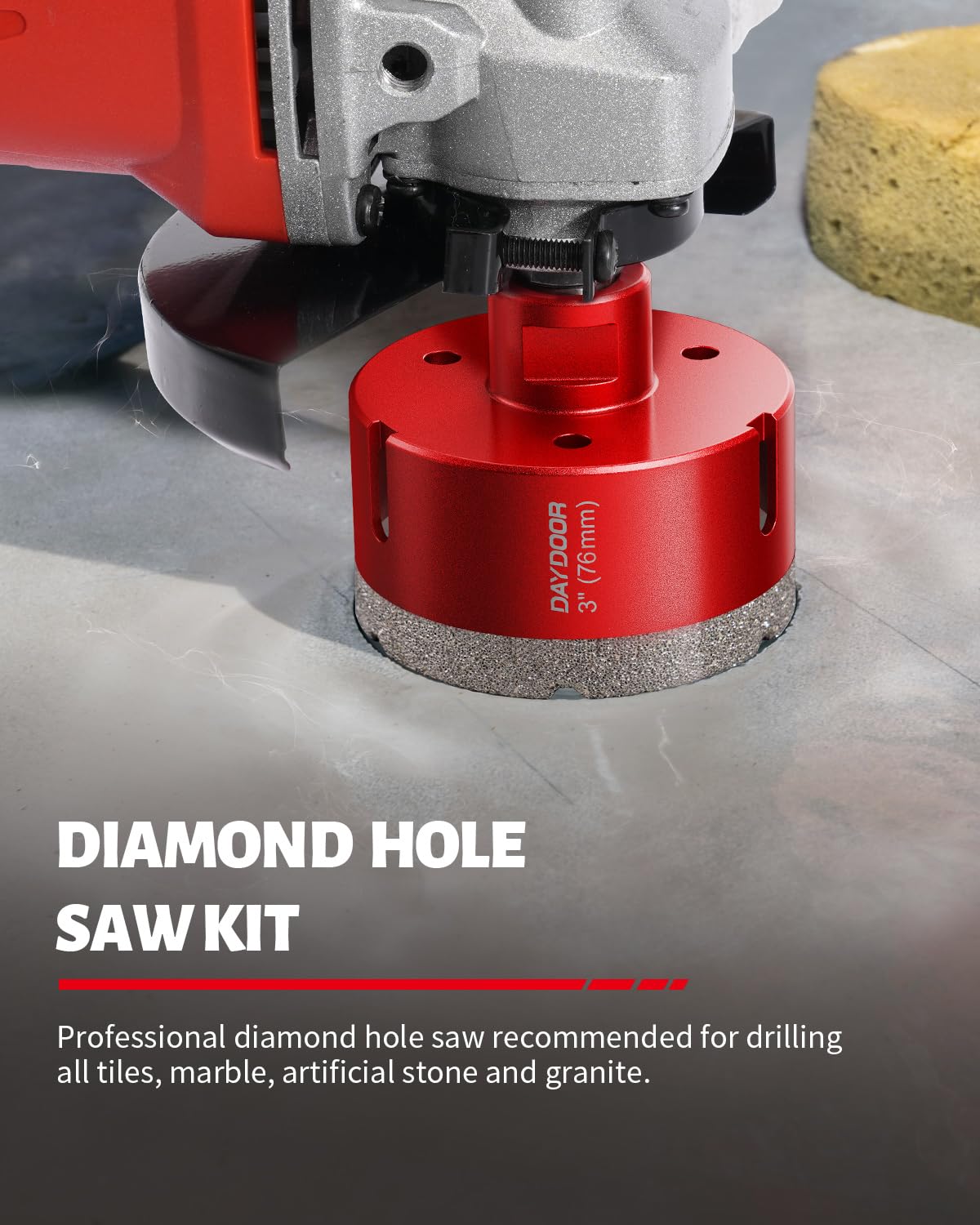 DAYDOOR Diamond Hole Saw Kit cutting porcelain tile for clean holes