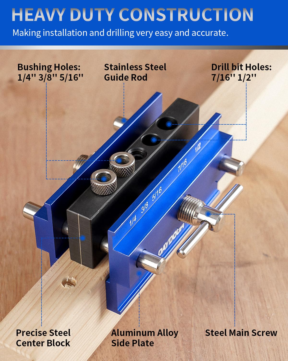 DAYDOOR dowel jig with six hardened steel bushings for varied hole sizes
