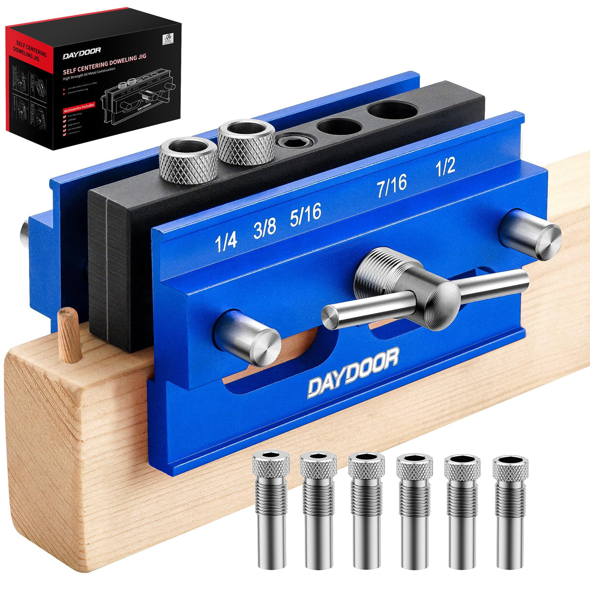 DAYDOOR dowel jig front view showing sturdy aluminum body for precise alignment