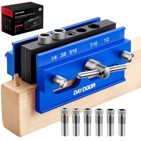 DAYDOOR dowel jig front view showing sturdy aluminum body for precise alignment