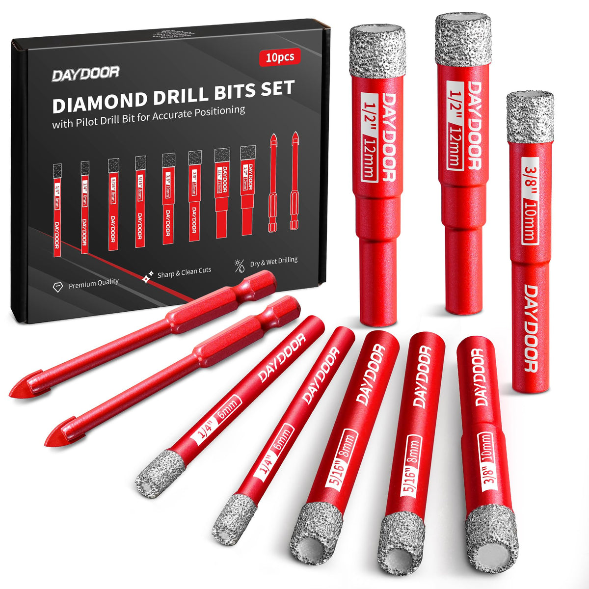 DAYDOOR box with dry diamond drill bits for organized tile projects