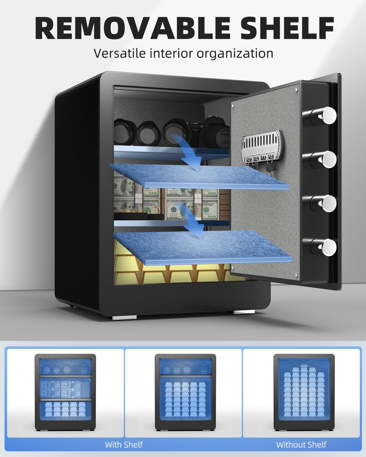 DAYI Safe Box two removable shelves adapt to item sizes for flexible storage.