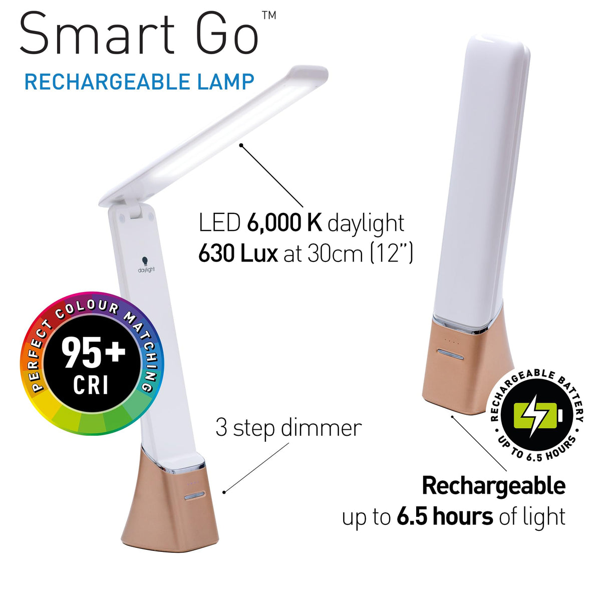 Daylight Smart Go lamp charges via USB for flexible charging anywhere.
