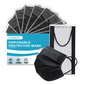DAYSOY 4-Layer Black Disposable Face Mask box showing 50 individually wrapped masks for travel.