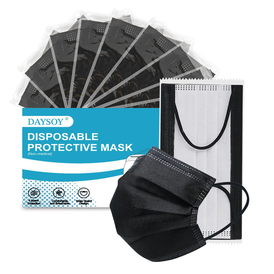 DAYSOY 4-Layer Black Disposable Face Mask box showing 50 individually wrapped masks for travel.