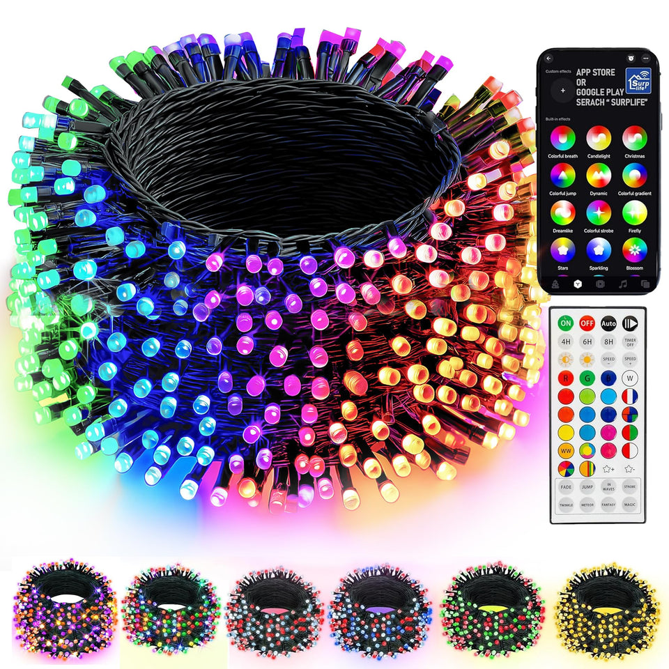 Dazzle Bright 98ft LED RGB color-changing string lights create vibrant indoor and outdoor ambiance.