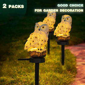 Dazzle Bright solar-powered owl lights brighten patios and lawns at dusk.