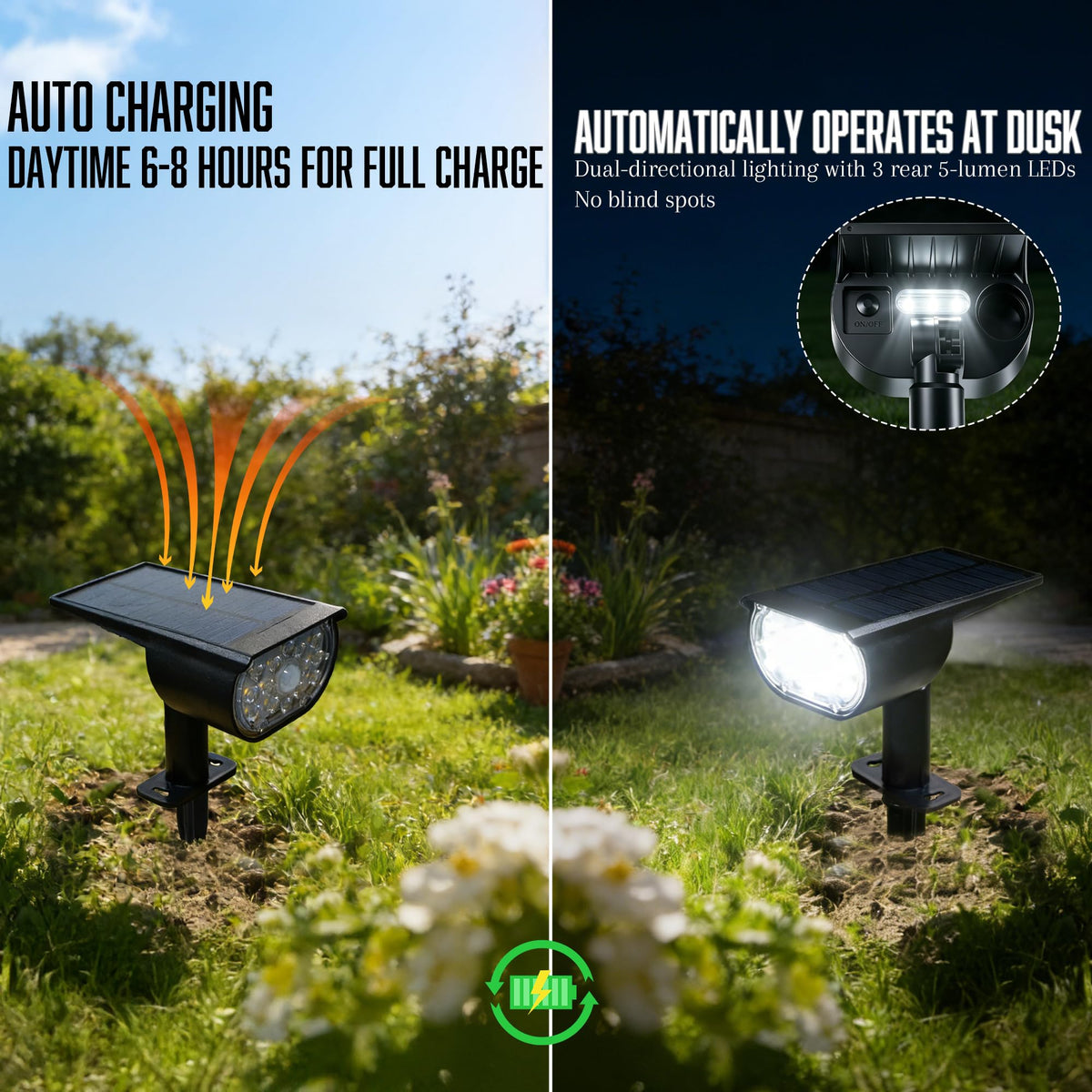 Dazzle Bright solar spot light wall-mount enables versatile outdoor placement.