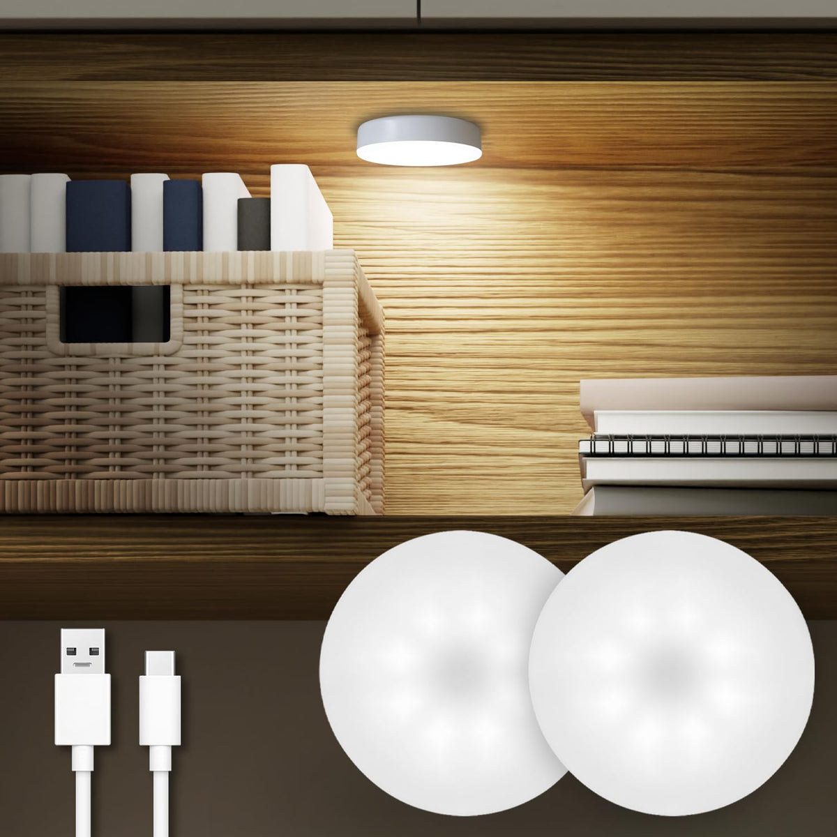 DAZZY DOT rechargeable puck light front view, bright closet and cabinet illumination on demand