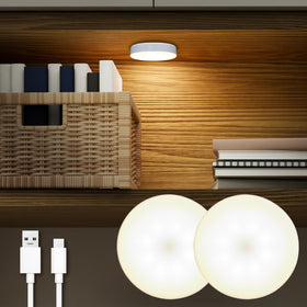 DAZZY DOT rechargeable puck light setup provides bright, focused cabinet illumination.