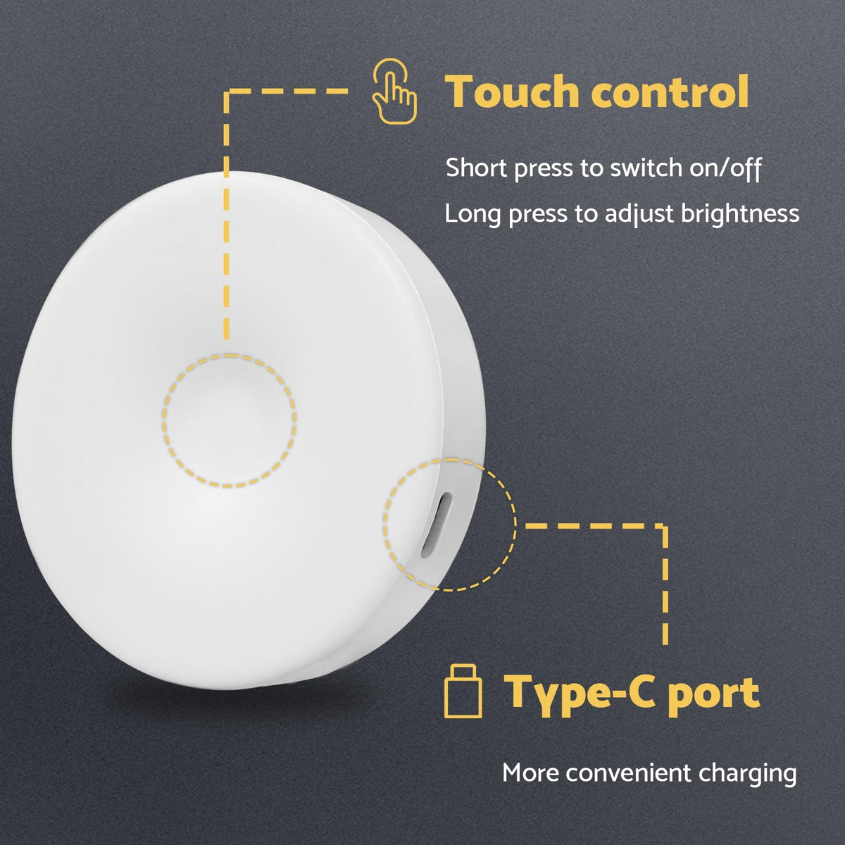 DAZZY DOT USB-C recharge puck light for fast, convenient powering