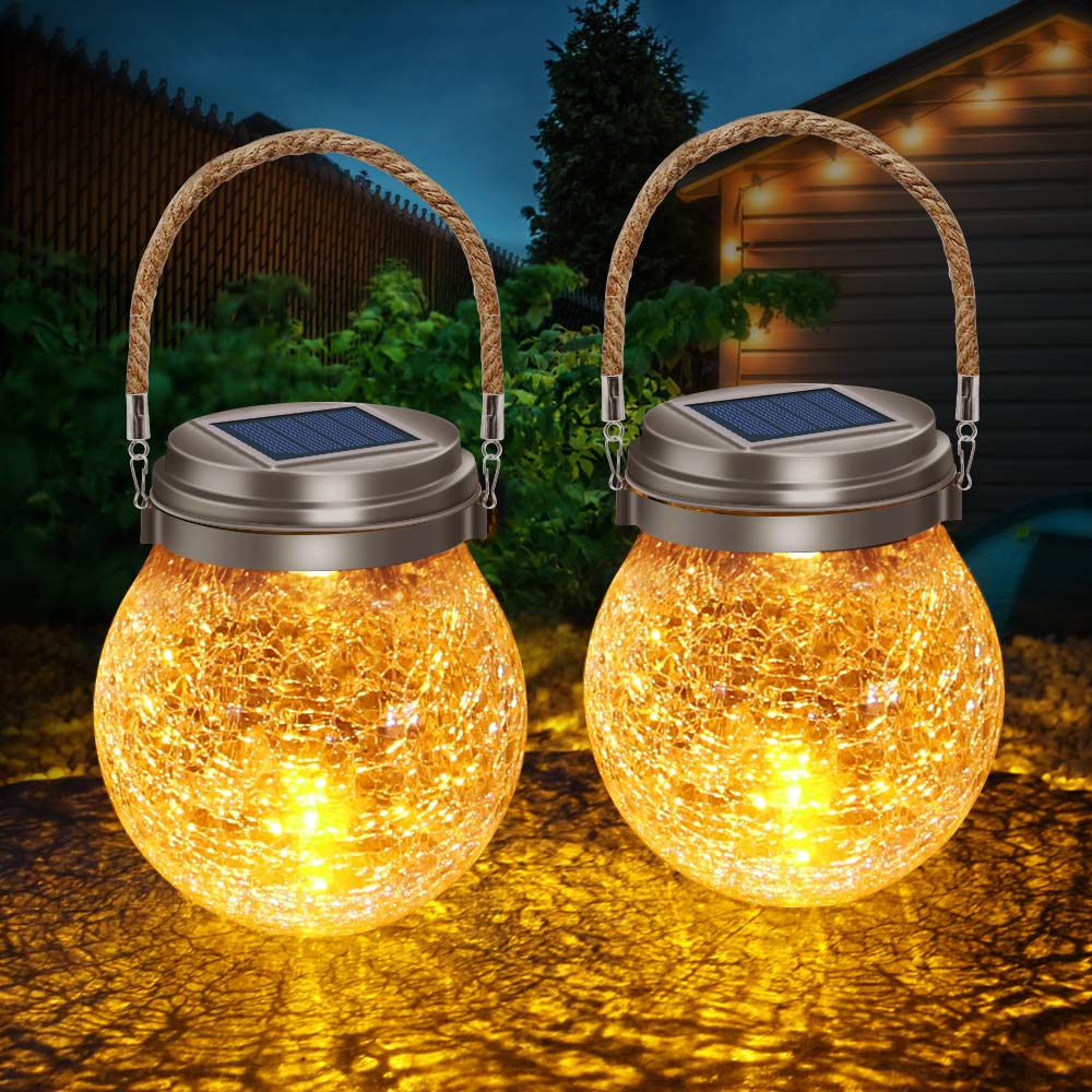 DBF Solar Lanterns 2-pack with crackle glass globe lighting for garden ambiance