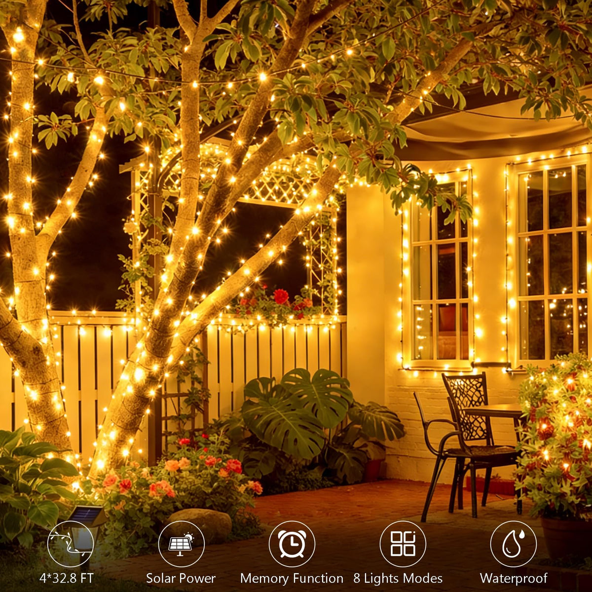DBFAIRY 132ft total-length LED lights system spanning trees and fences with twinkle