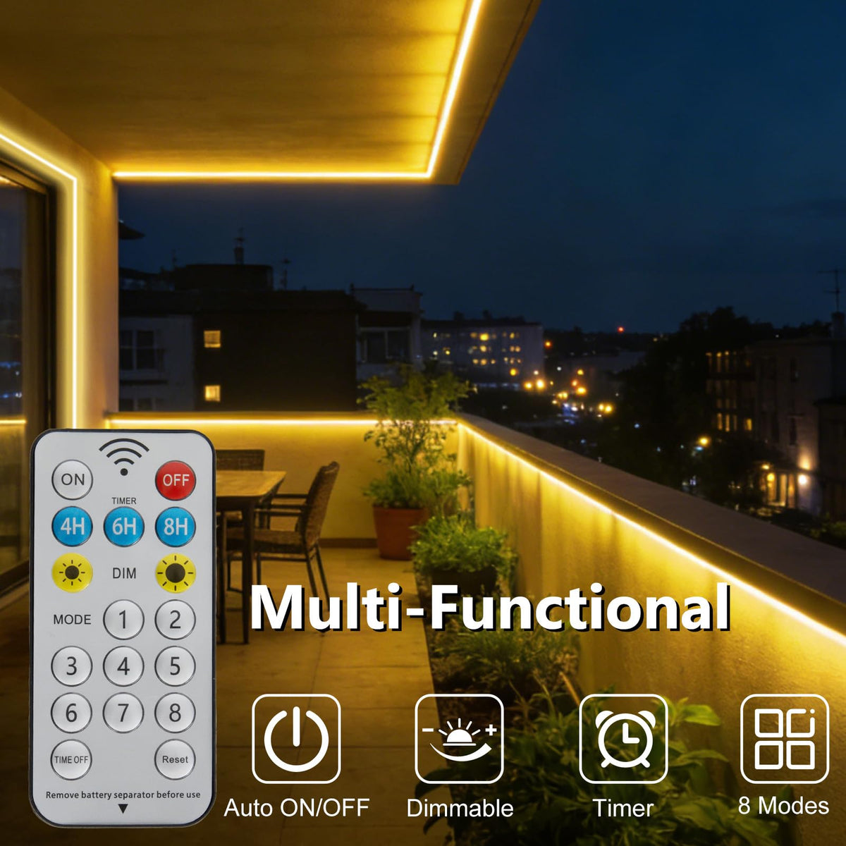 DBFAIRY 640 LED solar strip lights brighten decks for cozy evenings.