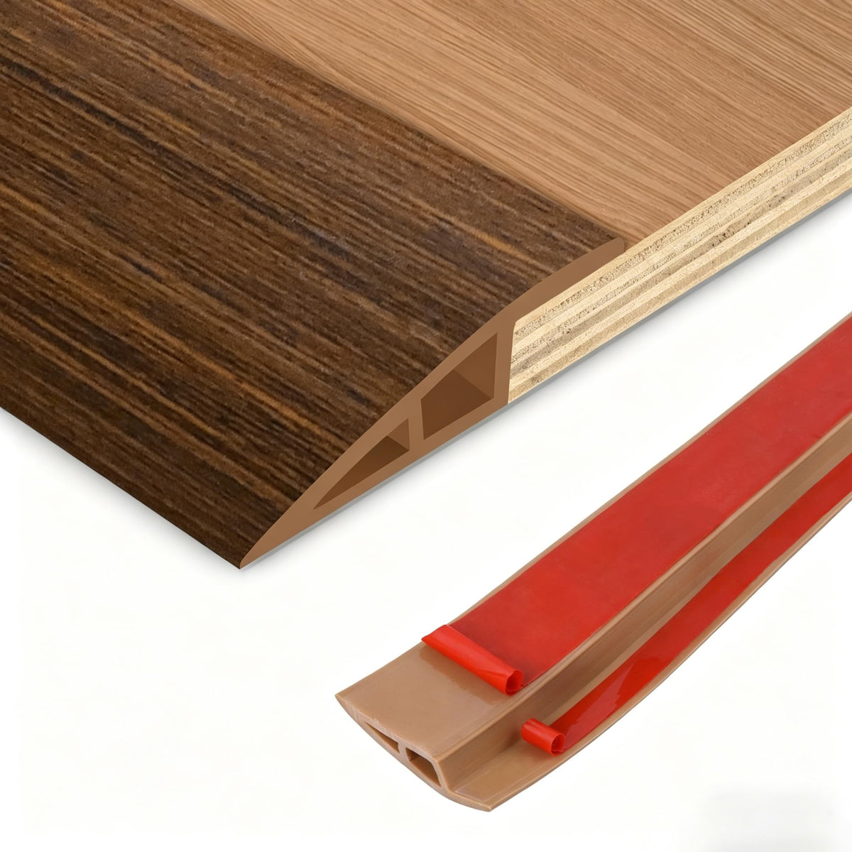 DBHXXMB-HH floor transition strip close-up in brown wood grain for smooth carpet to tile transitions.