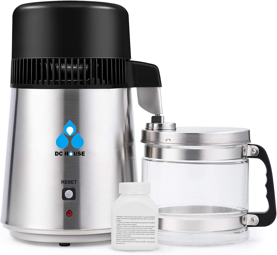 DC House distilled water machine front view on a clean kitchen counter, compact home distiller.