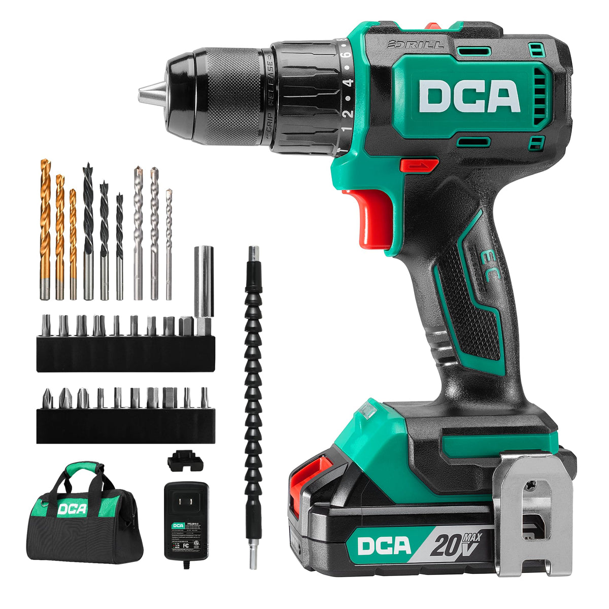 DCA 20V brushless hammer drill compact design for tight spaces.