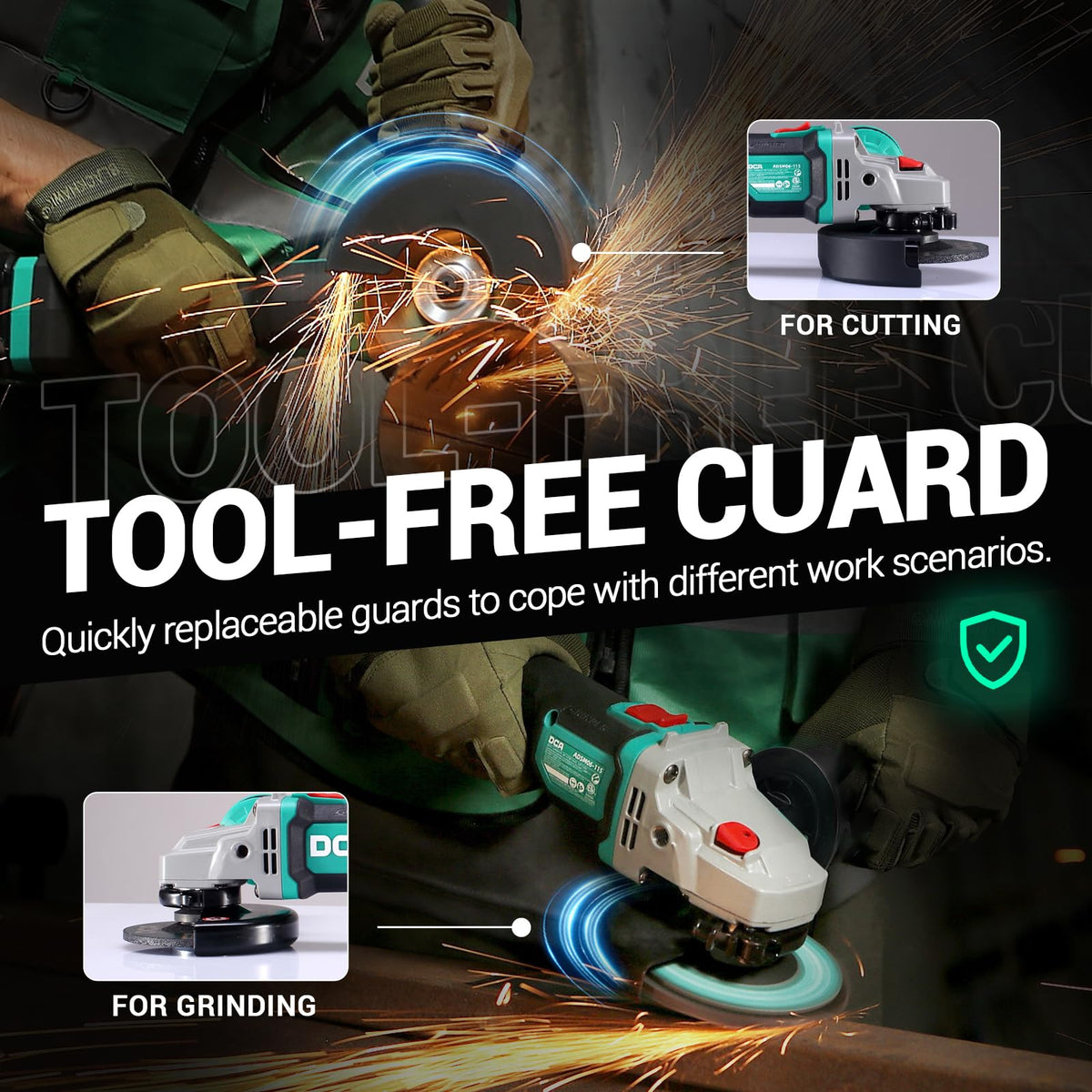 DCA cordless angle grinder cutting metal with a 4-1/2 inch disc